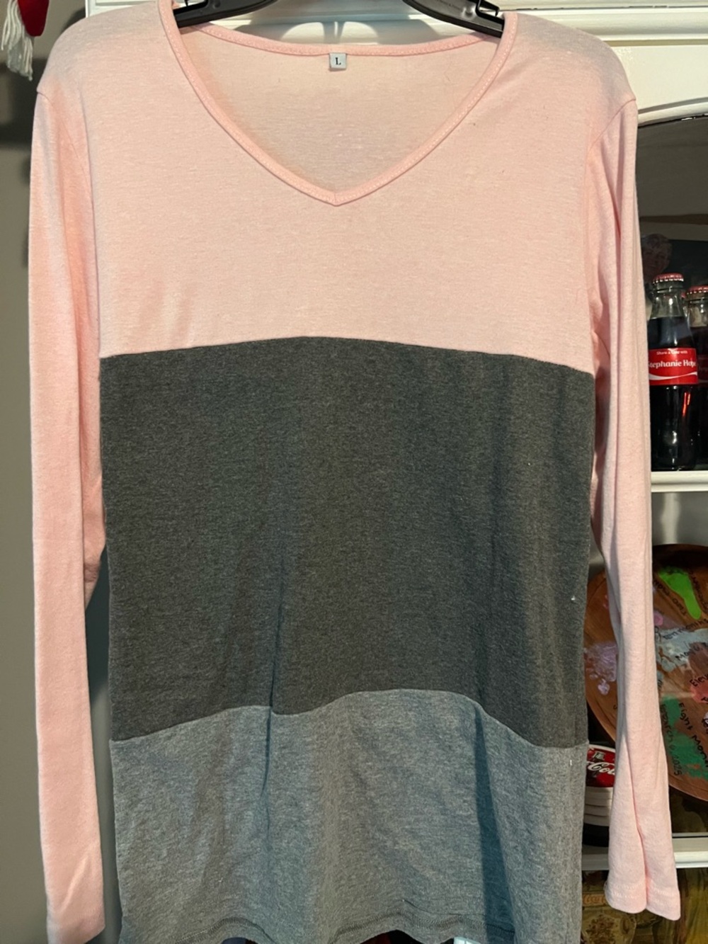 Colorblock V-Neck Long Sleeve Tee - Pink/Charcoal/Light Gray
